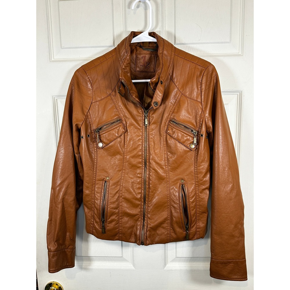 J2 Faux Leather Moto Jacket Womens Large Cognac Brown Biker Zip Up Coat